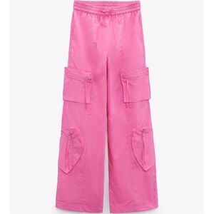 Zara Women’s Oversized Pink Heart Cargo High Rise Wide Leg Pants Small, Trendy